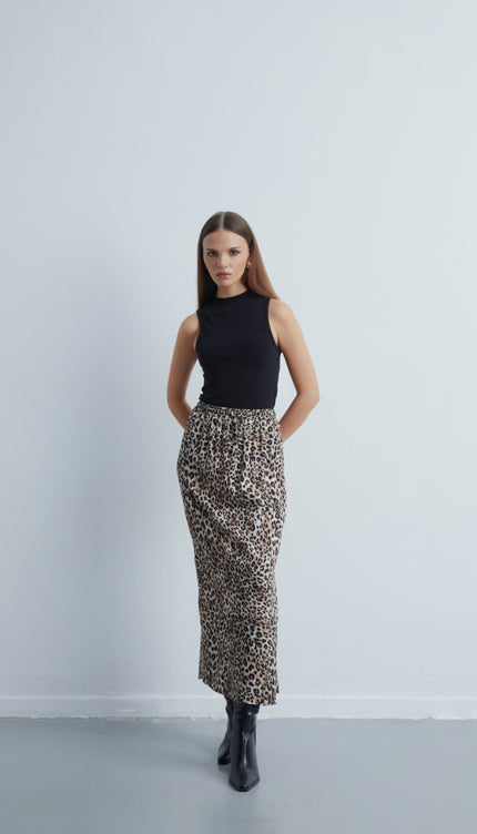 Leopard Leopar Desenli Beli Lastikli Saten Etek