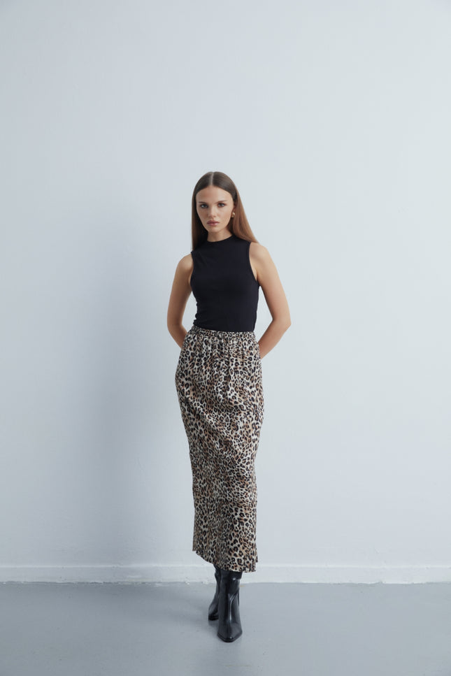 Leopard Leopar Desenli Beli Lastikli Saten Etek