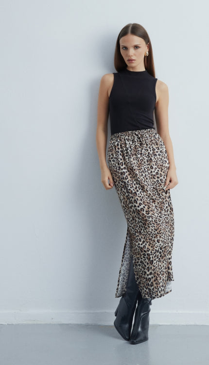 Leopard Leopar Desenli Beli Lastikli Saten Etek