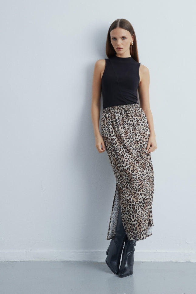 Leopard Leopar Desenli Beli Lastikli Saten Etek
