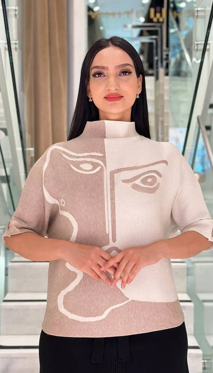 Dik Yaka Desenli Triko Kazak