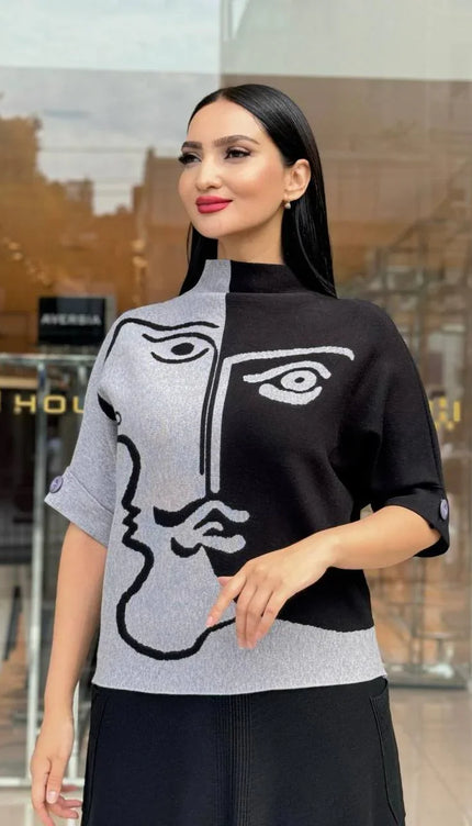 Dik Yaka Desenli Triko Kazak