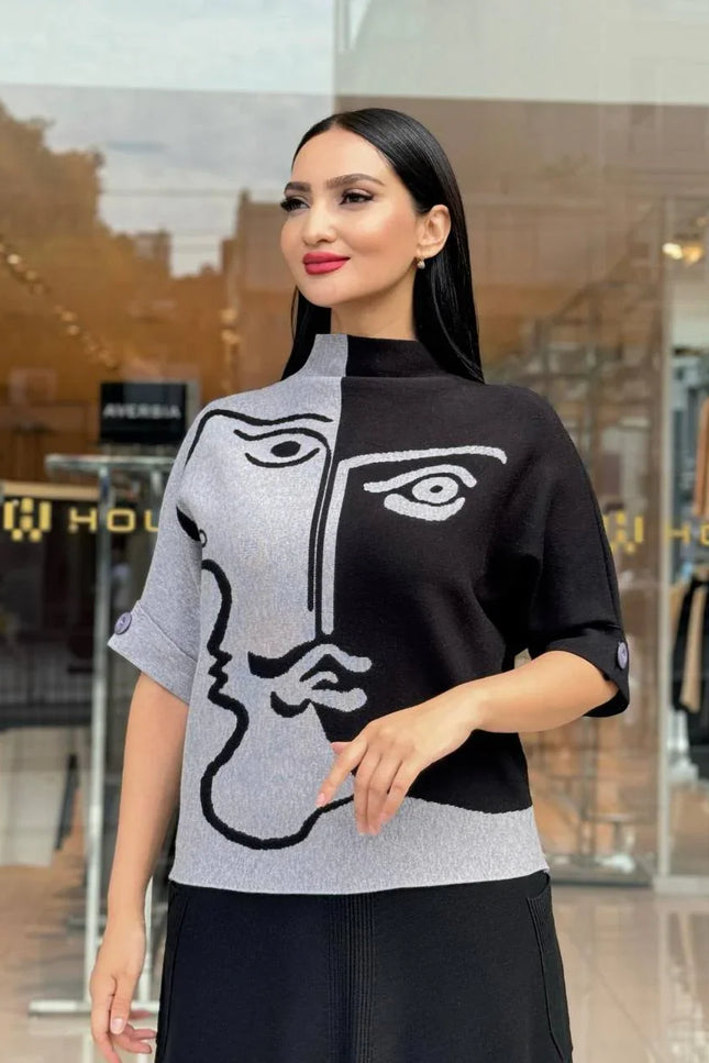 Dik Yaka Desenli Triko Kazak