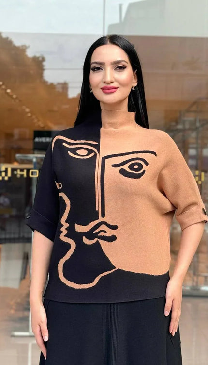 Dik Yaka Desenli Triko Kazak