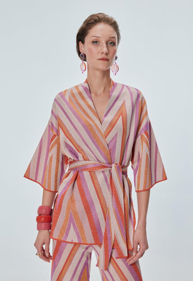 Renk Bloklu Beli Kemerli Kimono Hırka