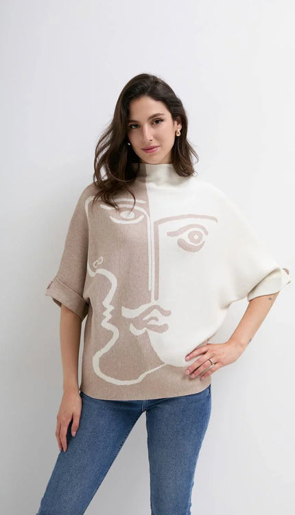 Dik Yaka Desenli Triko Kazak