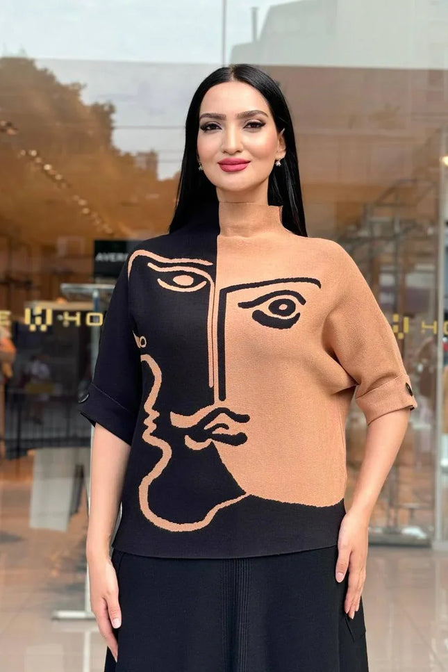 Dik Yaka Desenli Triko Kazak