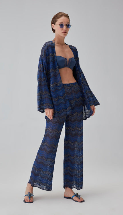 Simli Kemerli Lacivert Kimono Hırka