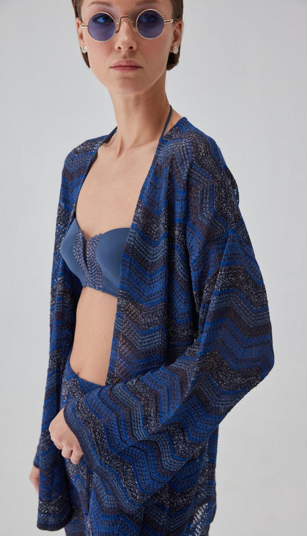 Simli Kemerli Lacivert Kimono Hırka