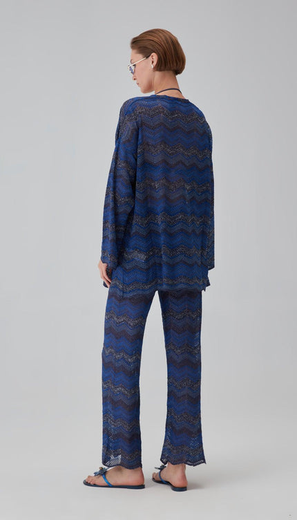 Simli Kemerli Lacivert Kimono Hırka