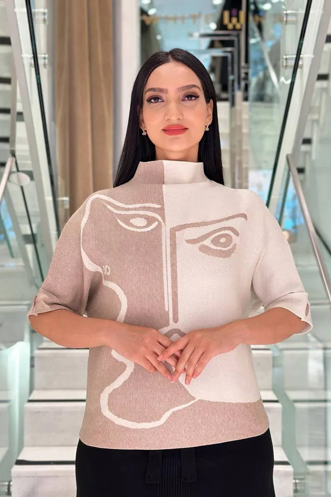 Dik Yaka Desenli Triko Kazak