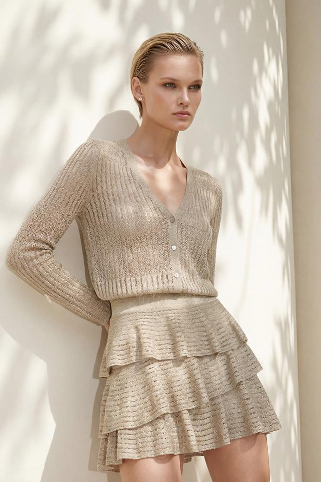 Ajurlu Simli Fırfırlı Bej Mini Etek