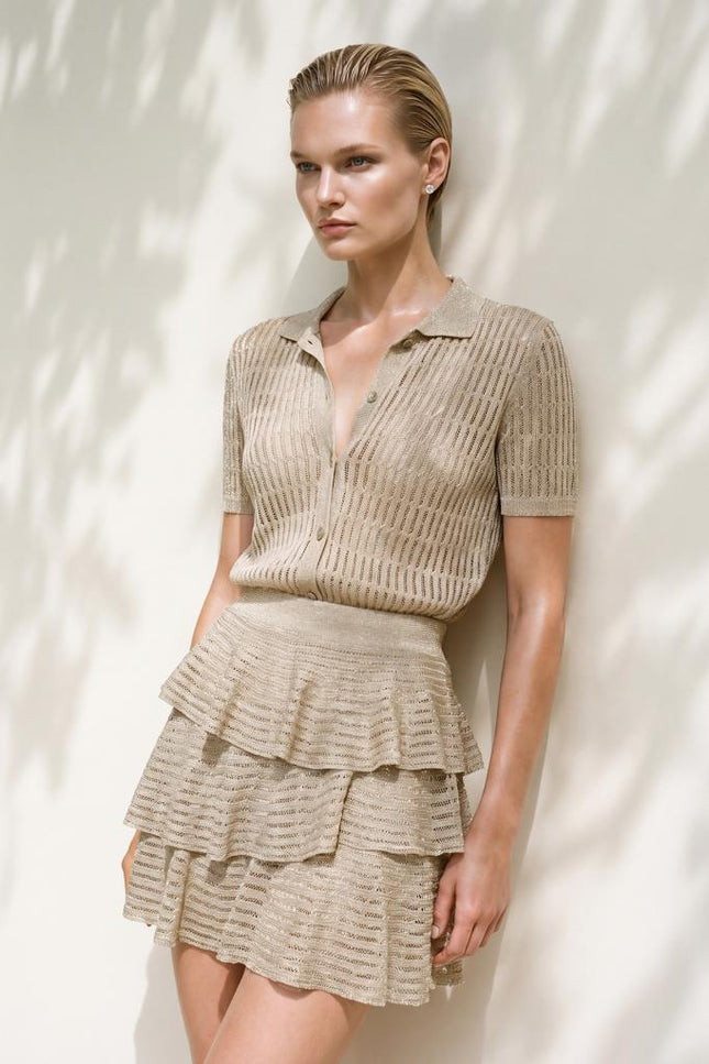 Ajurlu Simli Fırfırlı Bej Mini Etek