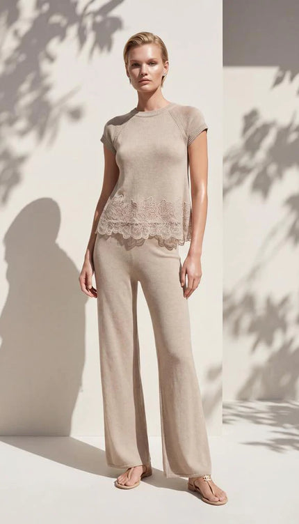 Beli Lastikli Bol Paça Astarlı Bej Pantolon