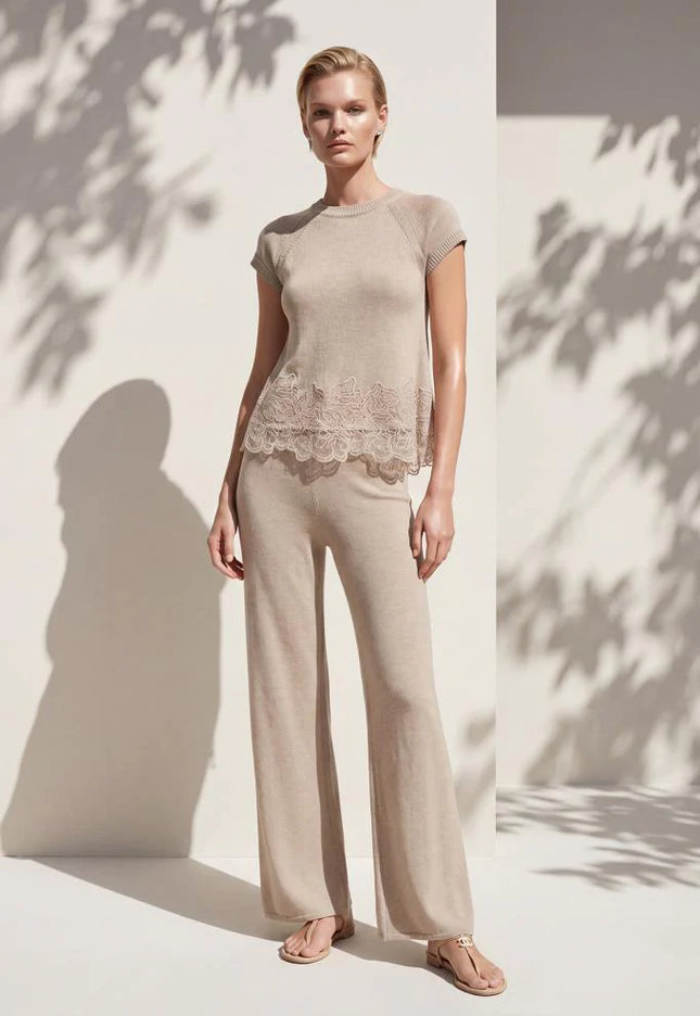 Beli Lastikli Bol Paça Astarlı Bej Pantolon