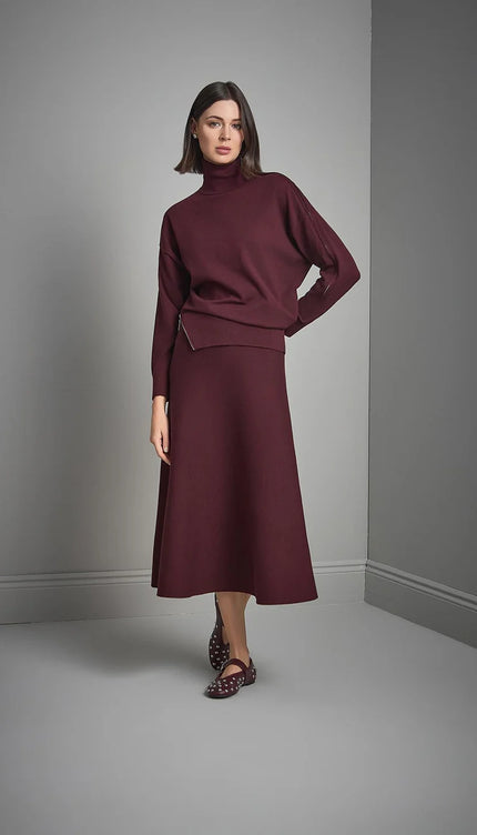 Beli Lastikli Kloş Midi Bordo Triko Etek