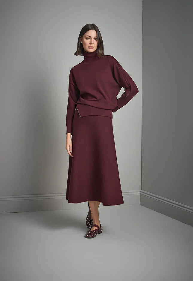 Beli Lastikli Kloş Midi Bordo Triko Etek