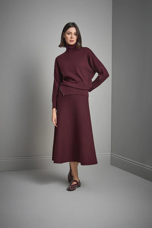 Beli Lastikli Kloş Midi Bordo Triko Etek