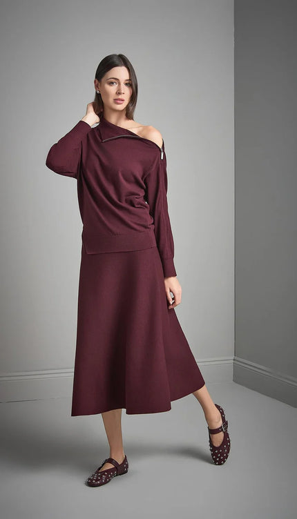 Beli Lastikli Kloş Midi Bordo Triko Etek