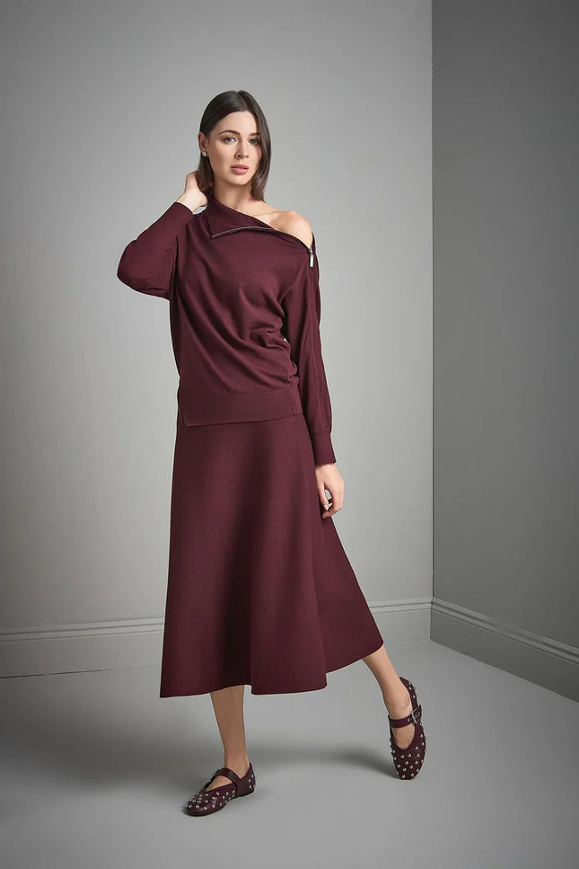 Beli Lastikli Kloş Midi Bordo Triko Etek