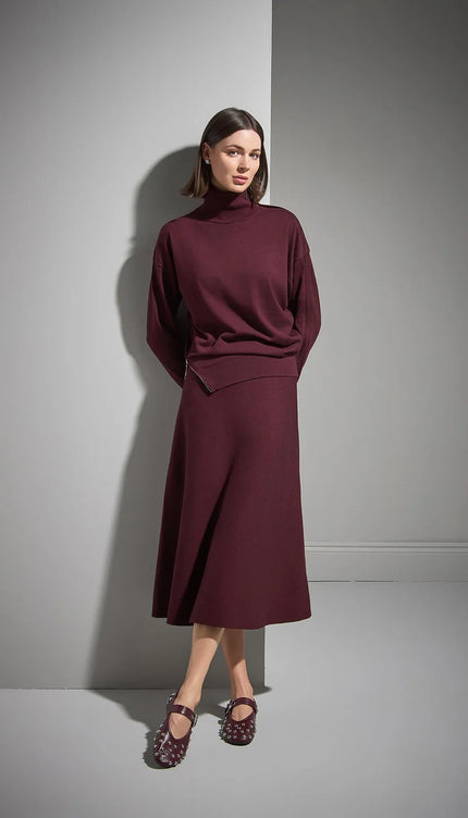 Beli Lastikli Kloş Midi Bordo Triko Etek