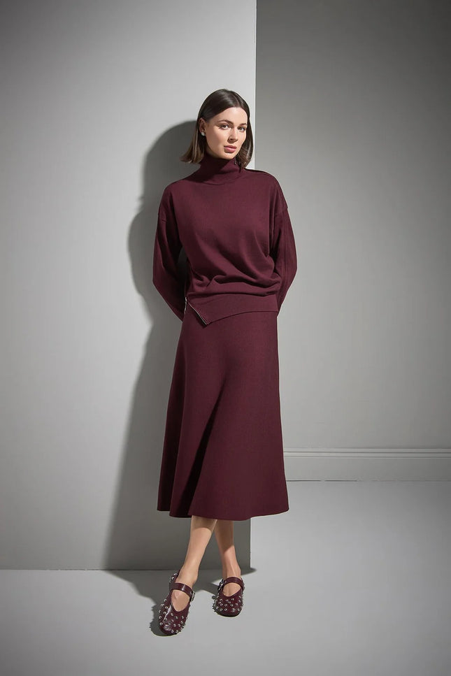 Beli Lastikli Kloş Midi Bordo Triko Etek