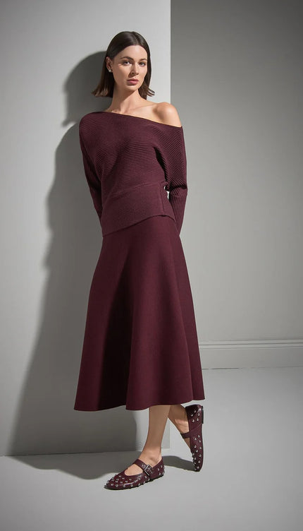 Beli Lastikli Kloş Midi Bordo Triko Etek