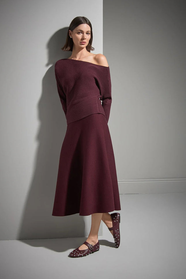 Beli Lastikli Kloş Midi Bordo Triko Etek