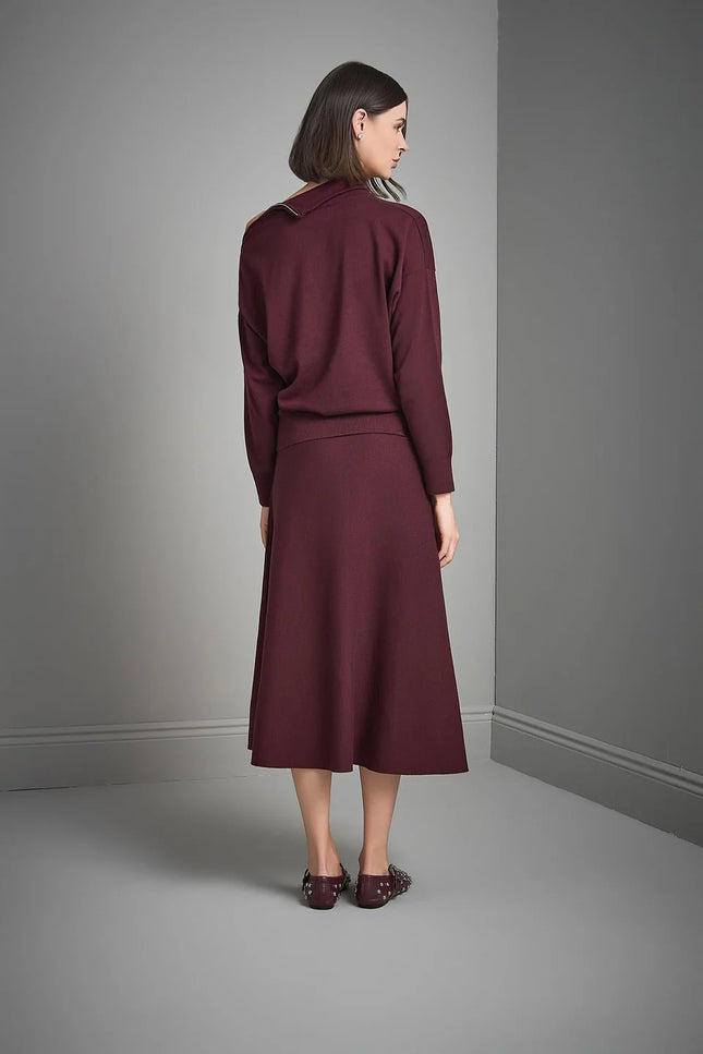 Beli Lastikli Kloş Midi Bordo Triko Etek