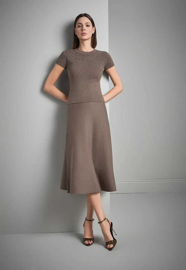 Beli Lastikli Kloş Midi Kahverengi Triko Etek