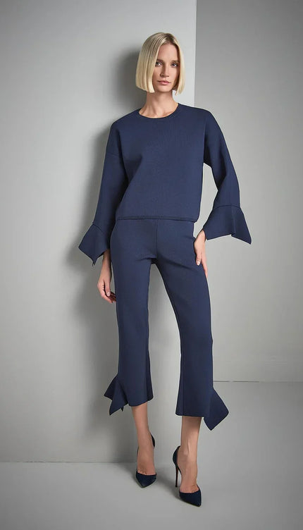 Beli Lastikli Volanlı Lacivert Triko Pantolon