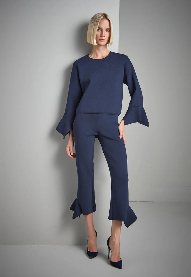 Beli Lastikli Volanlı Lacivert Triko Pantolon