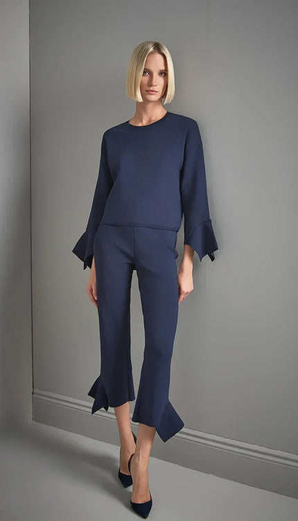 Beli Lastikli Volanlı Lacivert Triko Pantolon