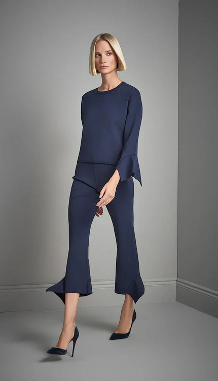 Beli Lastikli Volanlı Lacivert Triko Pantolon