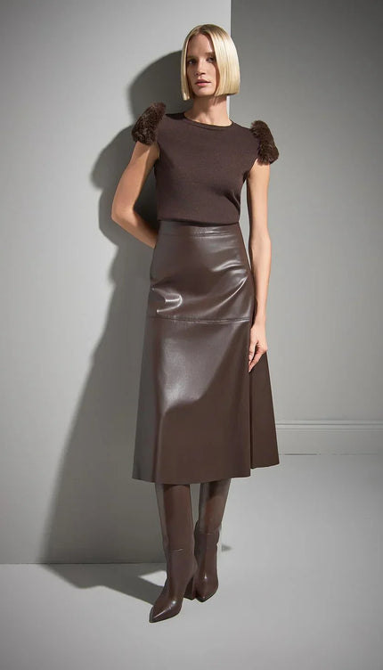 Bisiklet Yaka Kürk Detaylı Kahverengi Triko Bluz