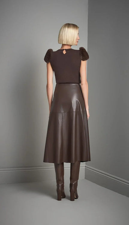 Bisiklet Yaka Kürk Detaylı Kahverengi Triko Bluz