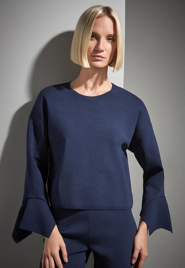 Bisiklet Yaka Volanlı Lacivert Triko Kazak