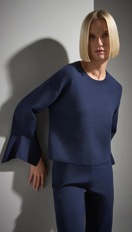 Bisiklet Yaka Volanlı Lacivert Triko Kazak