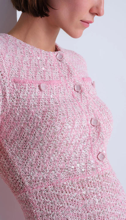 Düğme Detaylı Simli Pembe Mini Elbise
