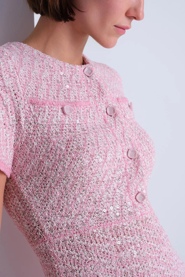 Düğme Detaylı Simli Pembe Mini Elbise
