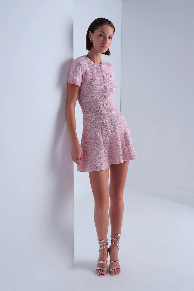 Düğme Detaylı Simli Pembe Mini Elbise