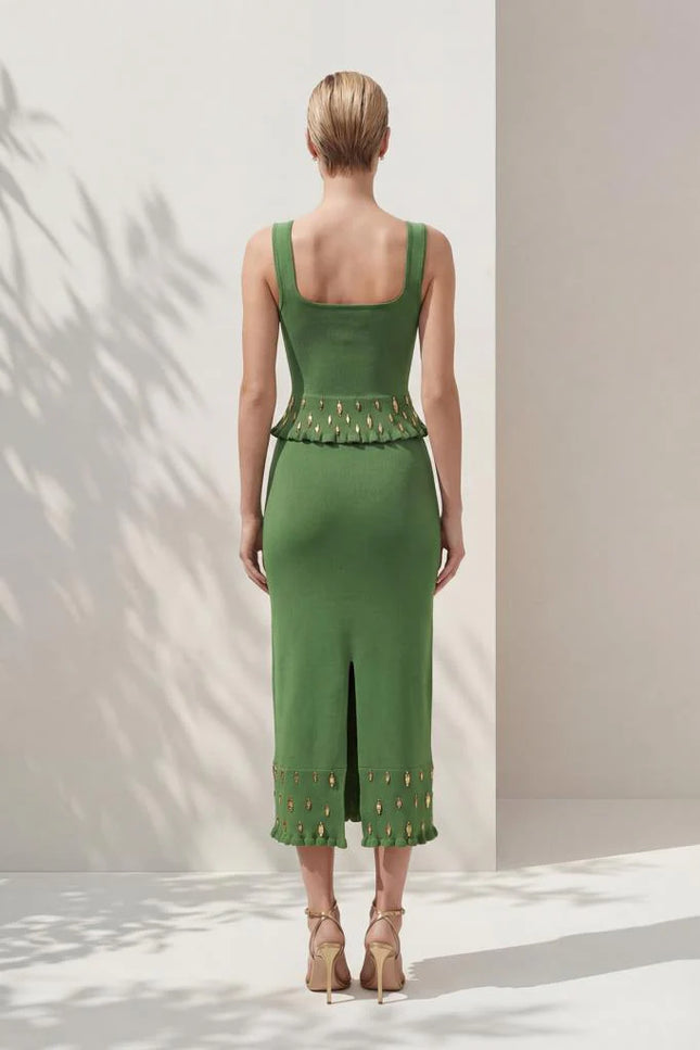 El İşi Gold Aksesuarlı Yırtmaçlı Yeşil Midi Etek