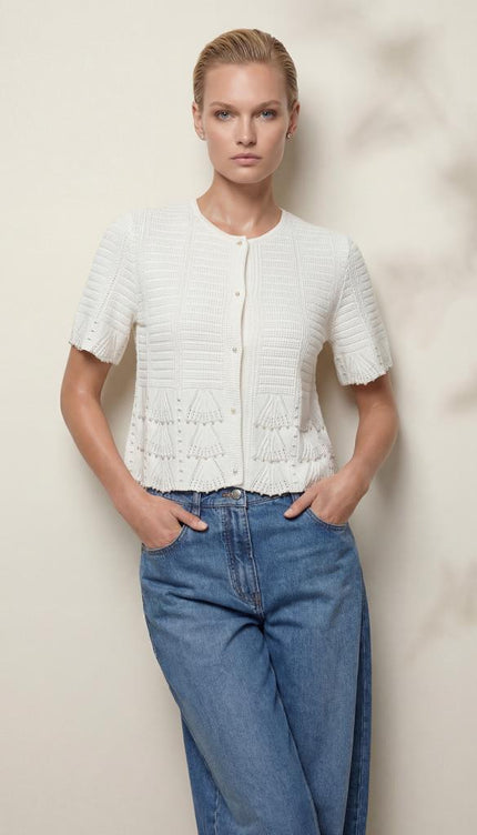 El İşi İnci Baskılı Ajurlu Beyaz Ceket