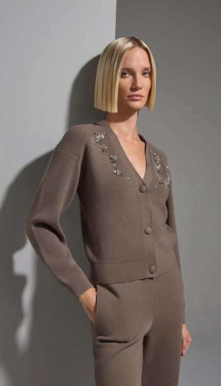 El İşi Taş İşlemeli Kahverengi Triko Hırka