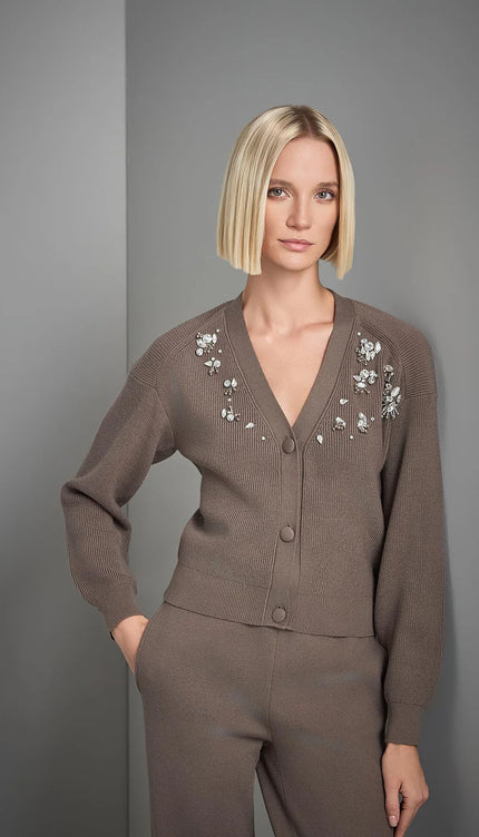 El İşi Taş İşlemeli Kahverengi Triko Hırka