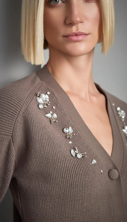 El İşi Taş İşlemeli Kahverengi Triko Hırka