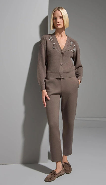 El İşi Taş İşlemeli Kahverengi Triko Hırka