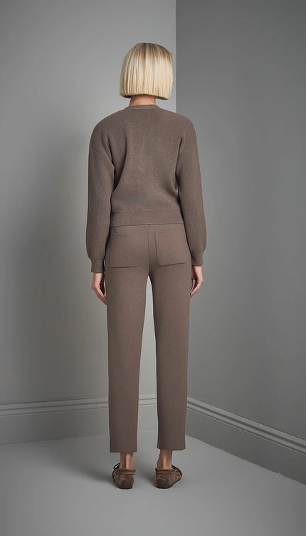 El İşi Taş İşlemeli Kahverengi Triko Hırka