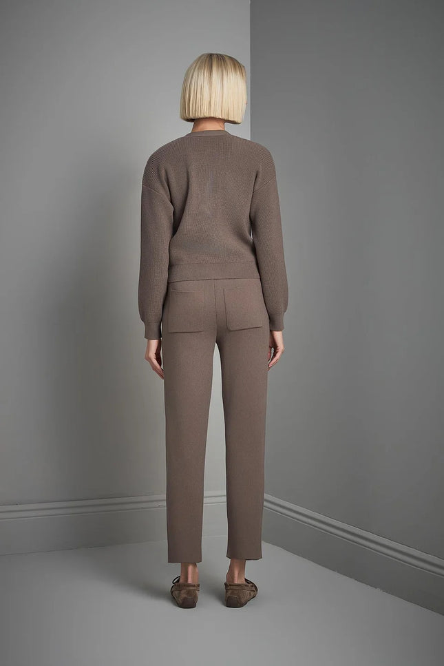 El İşi Taş İşlemeli Kahverengi Triko Hırka