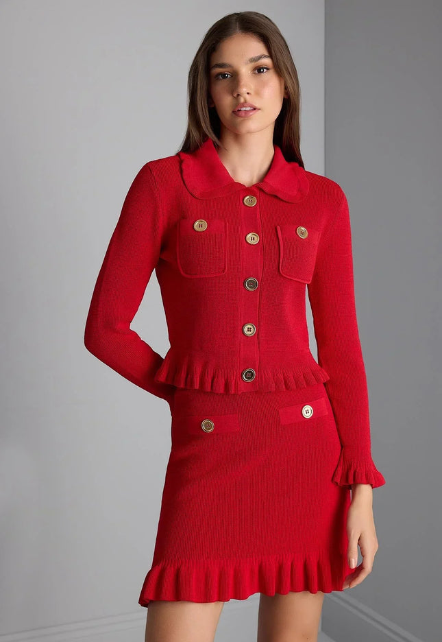 Etek Ucu Fırfırlı Dokulu Mini Triko Etek